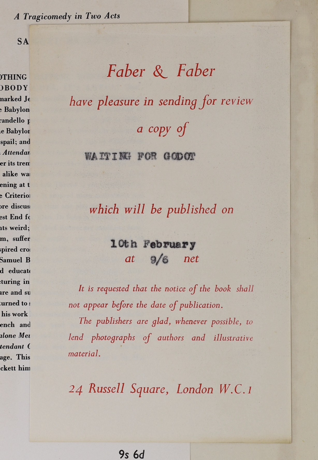 Beckett, Samuel - Waiting for Godot, a Tragicomedy in Two Acts, 1st British edition, 8vo, yellow cloth in unclipped d/j, a review copy, with publishers and review note, Faber and Faber, London, 1956